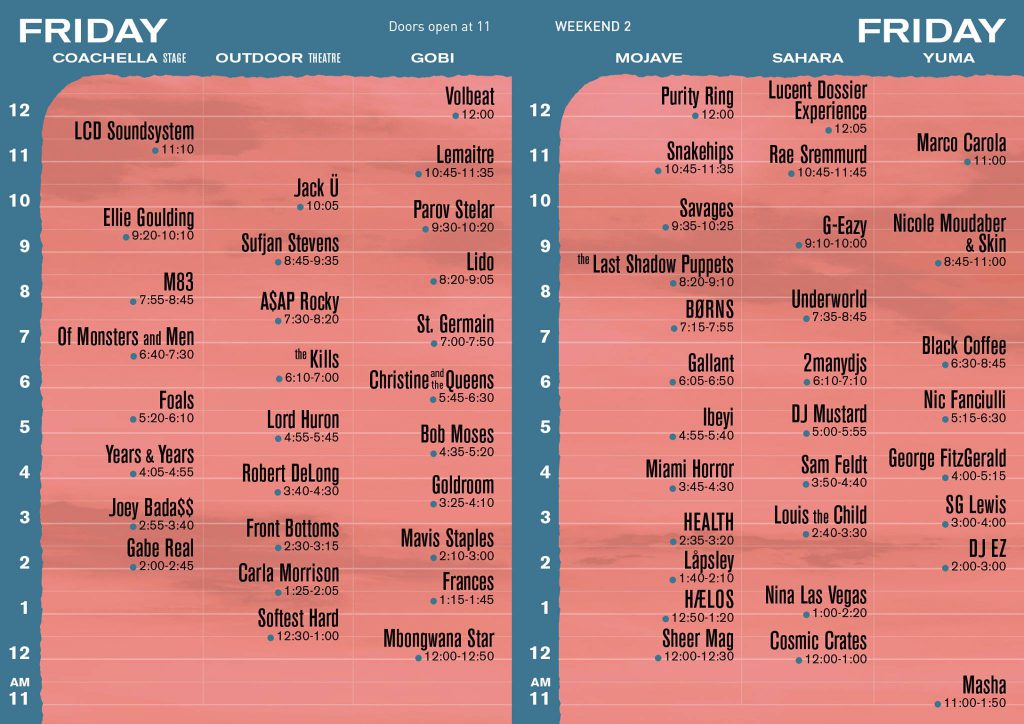 Coachella 2016 Friday Set Times Weekend 2