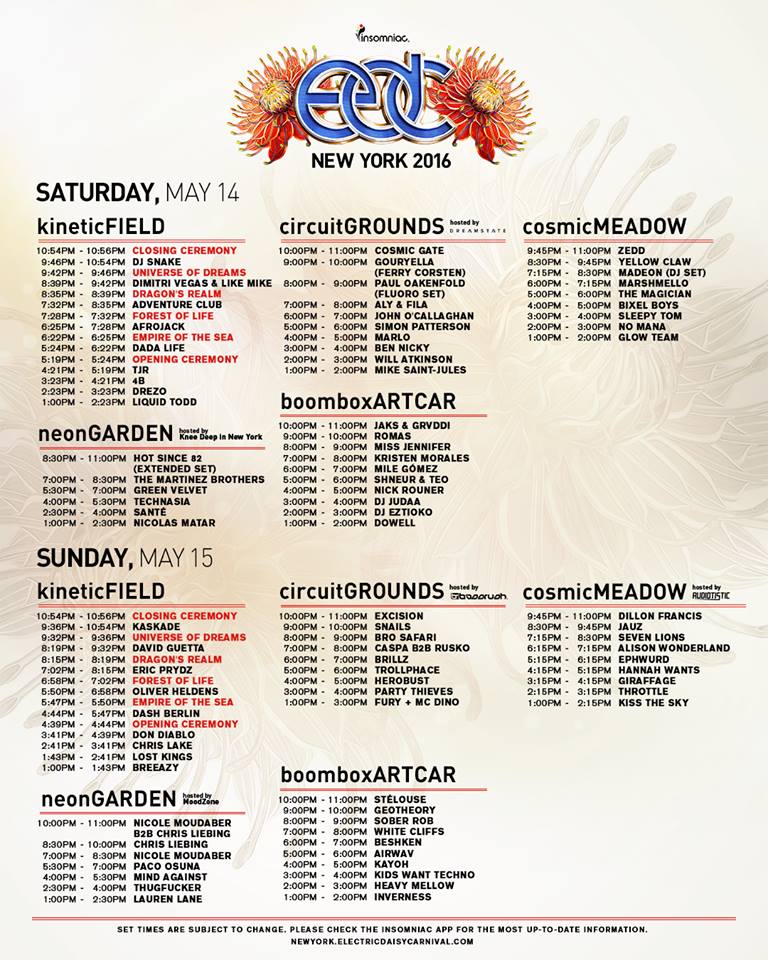 EDC NY 2016 Set Times