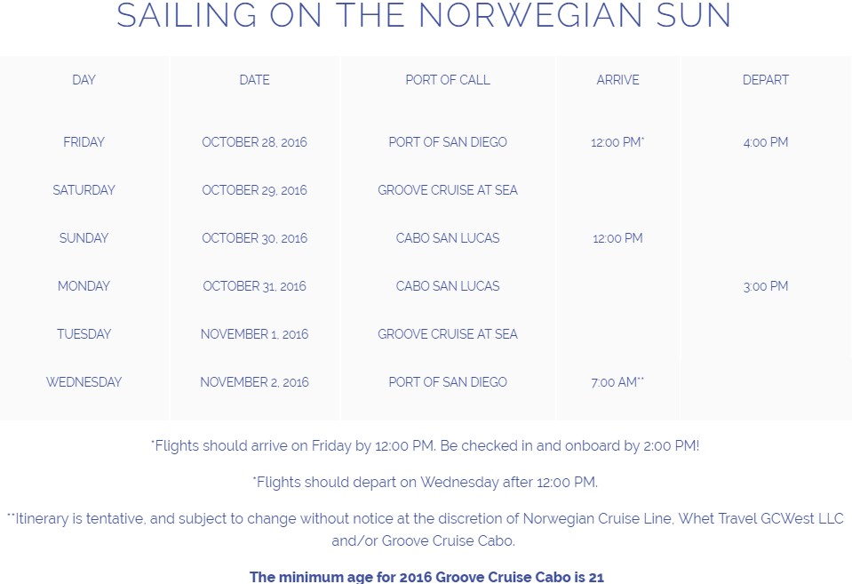 Groove Cruise Cabo 2016 Itinerary