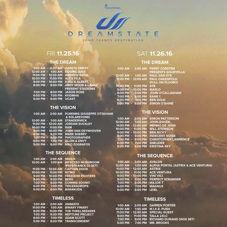  Dreamstate SoCal 2016 Set TImes