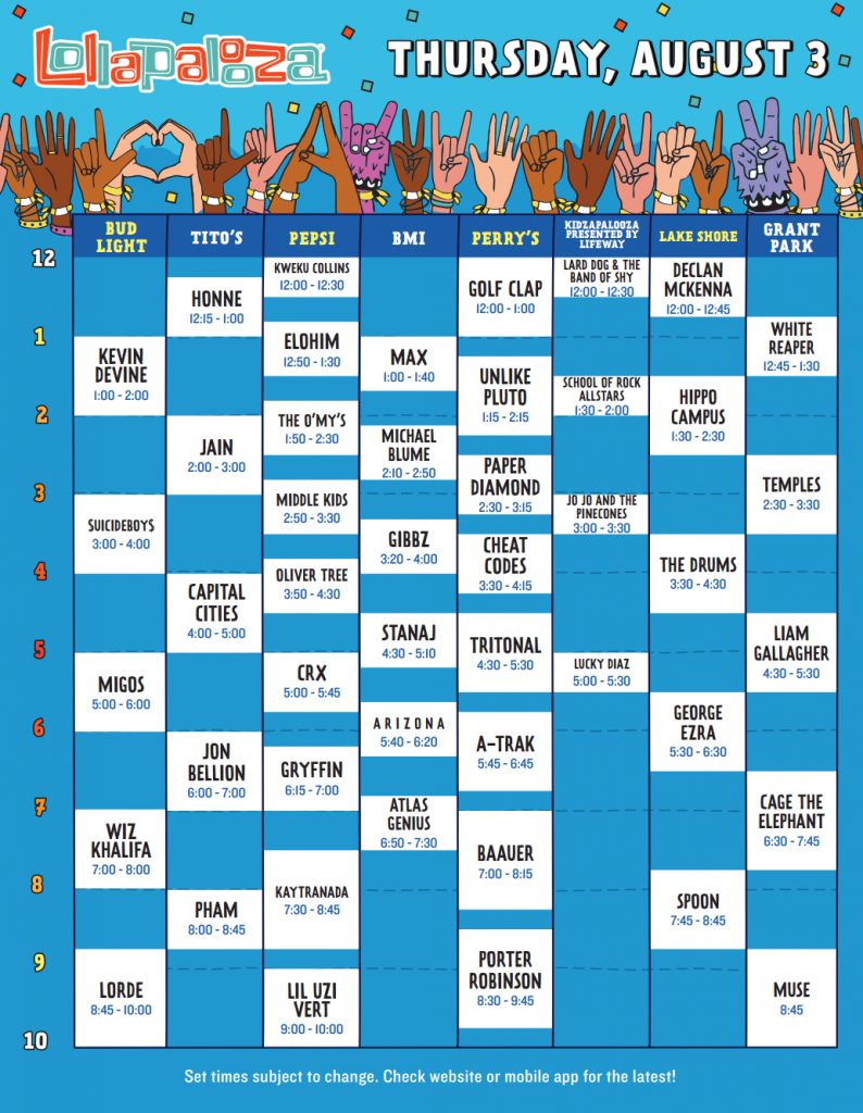 Lollapalooza 2017 Set Times - Thursday