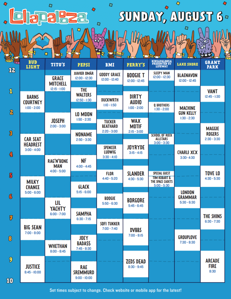 Lollapalooza 2017 Set Times - Sunday