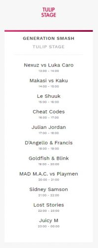 Tomorrowland Set Times Weekend 2 2017 Saturday Generation Smash | Tulip Stage