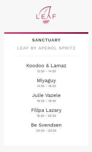 Tomorrowland Set Times Weekend 2 2017 Sunday Sanctuary | Leaf by Aperol Spritz
