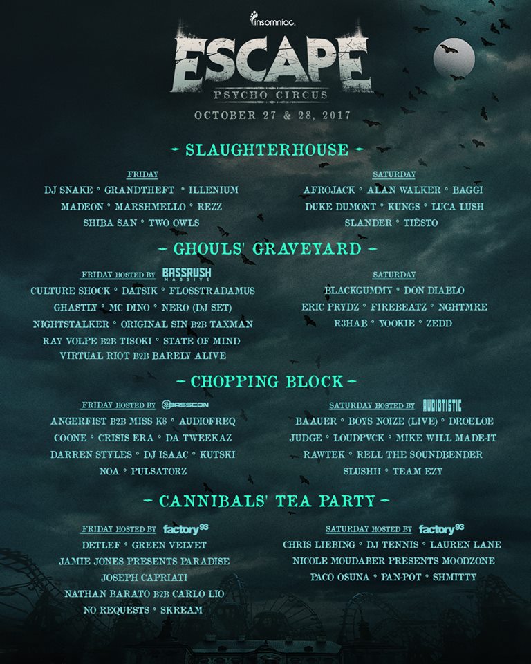 Escape Psycho Circus 2017 Daily Stage Lineups