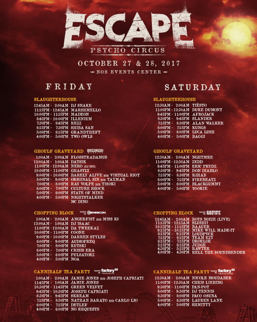 Escape: Psycho Circus 2017 Set Times