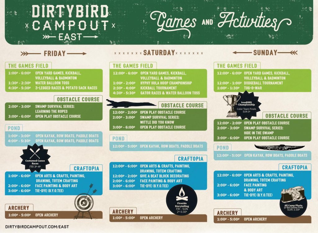 Dirtybird Campout East 2018 Games & Activities Schedule