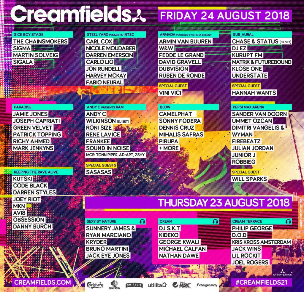 Creamfields 2018 Lineup By Day Thursday - Friday