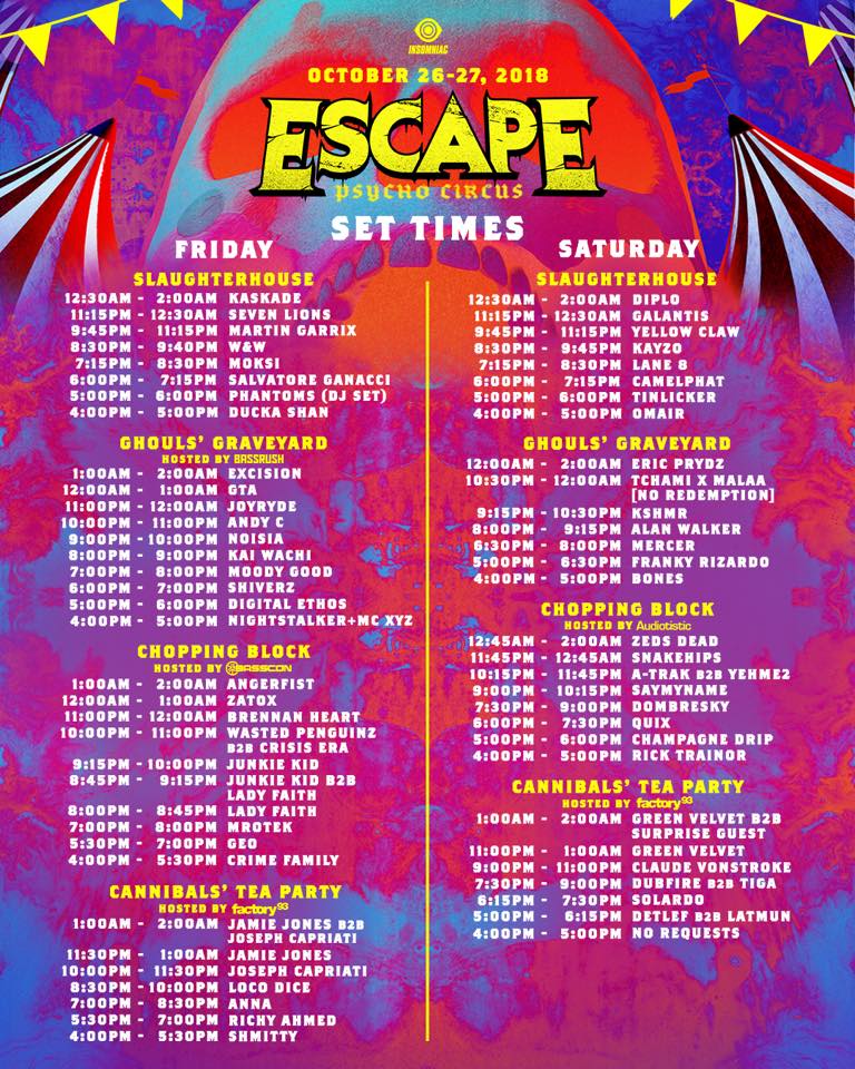 Escape: Psycho Circus 2018 Set Times