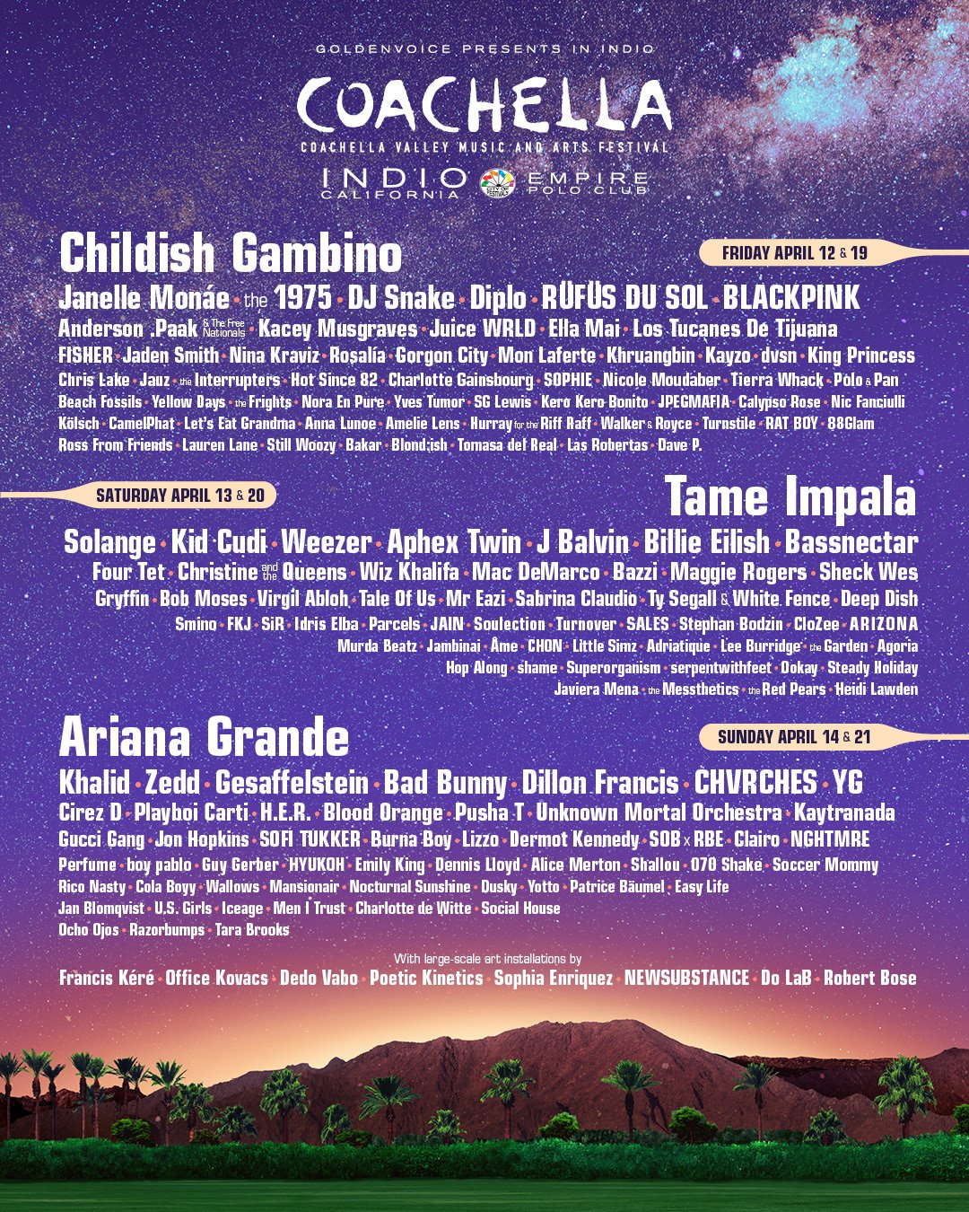 Coachella Releases 2019 Lineup; Childish Gambino, Tame Impala, Ariana Grande to Headline EDM