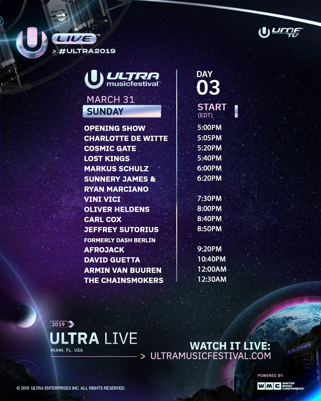 Ultra Music Festival 2019 Livestream Schedule Day 3