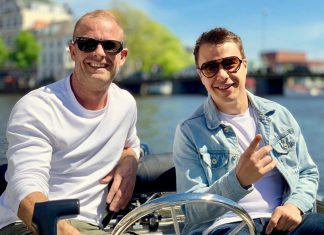 Ben Gold and Richard Durand in a boat in Amsterdam
