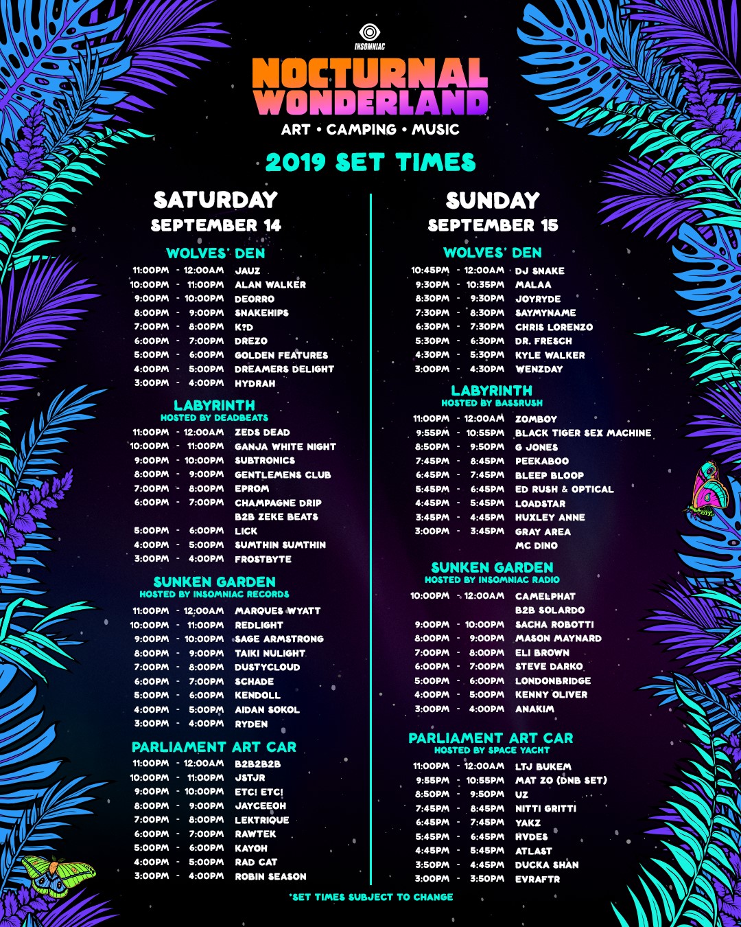 Nocturnal Wonderland 2019 Set Times