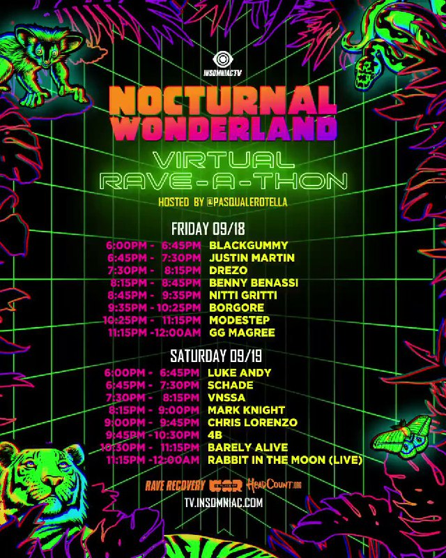 Nocturnal Wonderland Virtual Rave-A-Thon Schedule