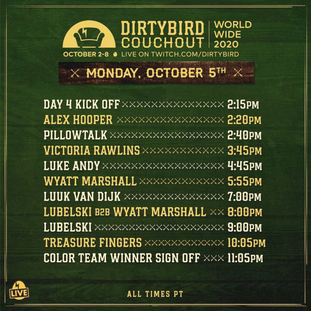 Dirtybird Couchout 2020 Schedule - Monday