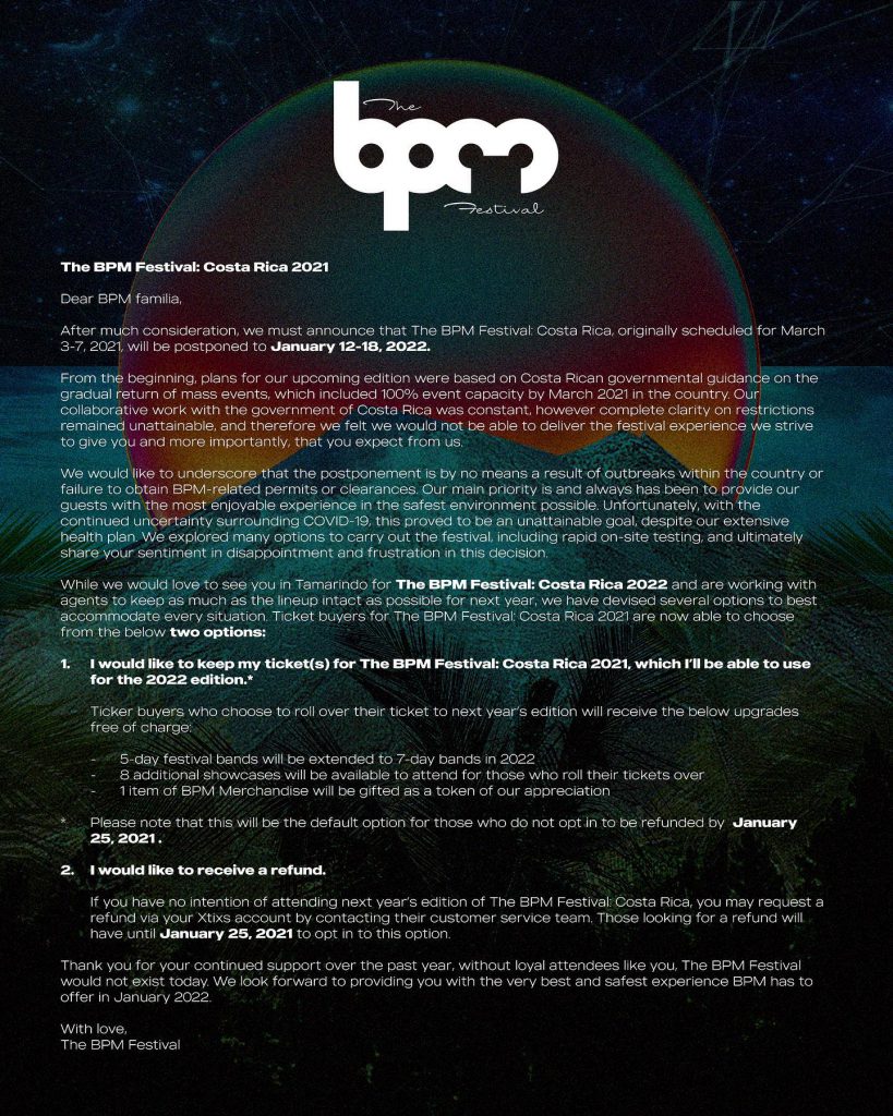 The BPM Festival Costa Rica 2021 Postponed