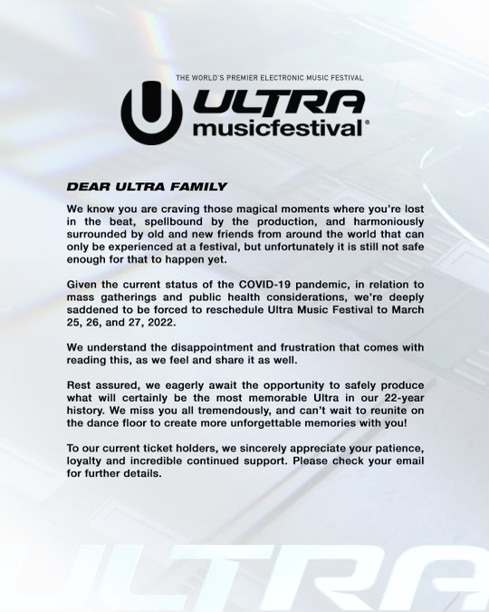 Ultra Music Festival 2021 Cancelled