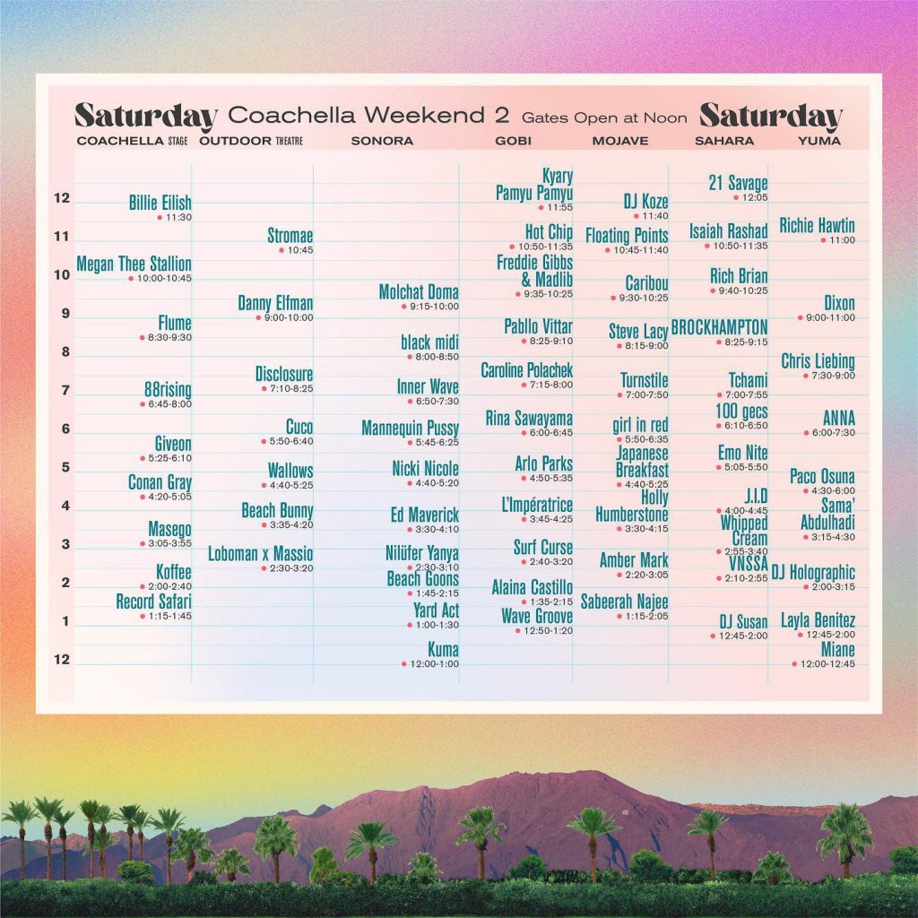 Coachella 2022 Set Times Weekend 2 - Saturday
