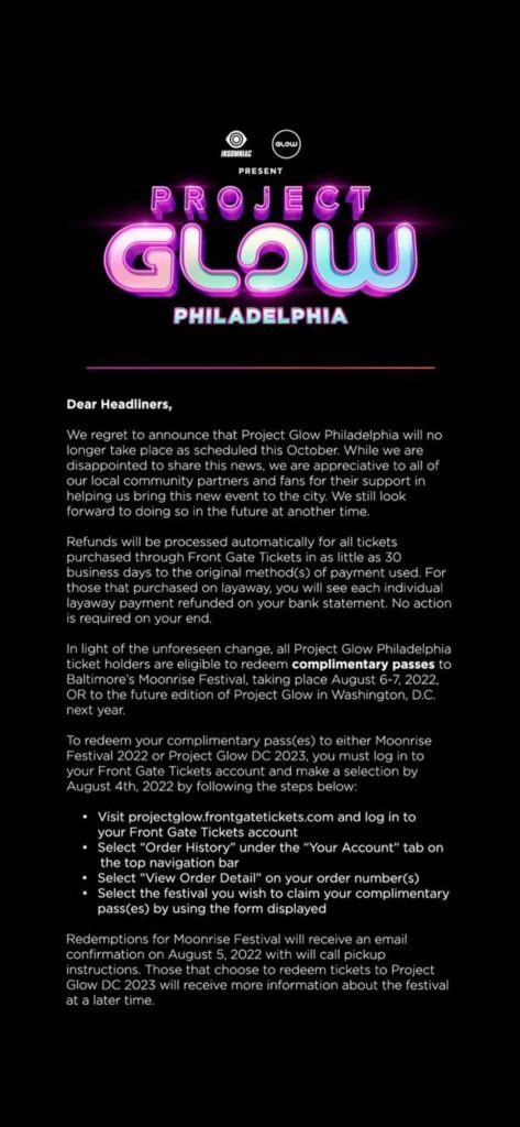 Project Glow Philadelphia 2022 Cancellation Announcement 2022