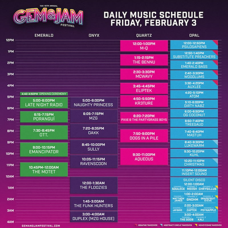 Gem & Jam 2023 - Set Times - Friday