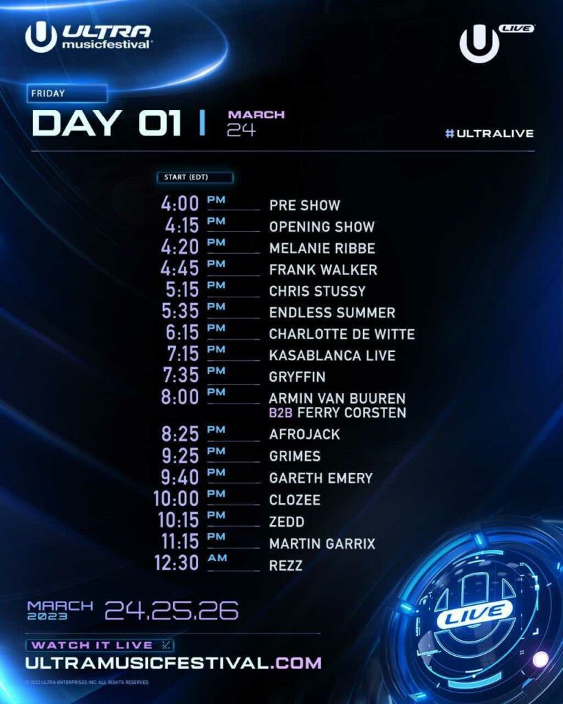Ultra Music Festival 2023 Livestream Schedule - Friday