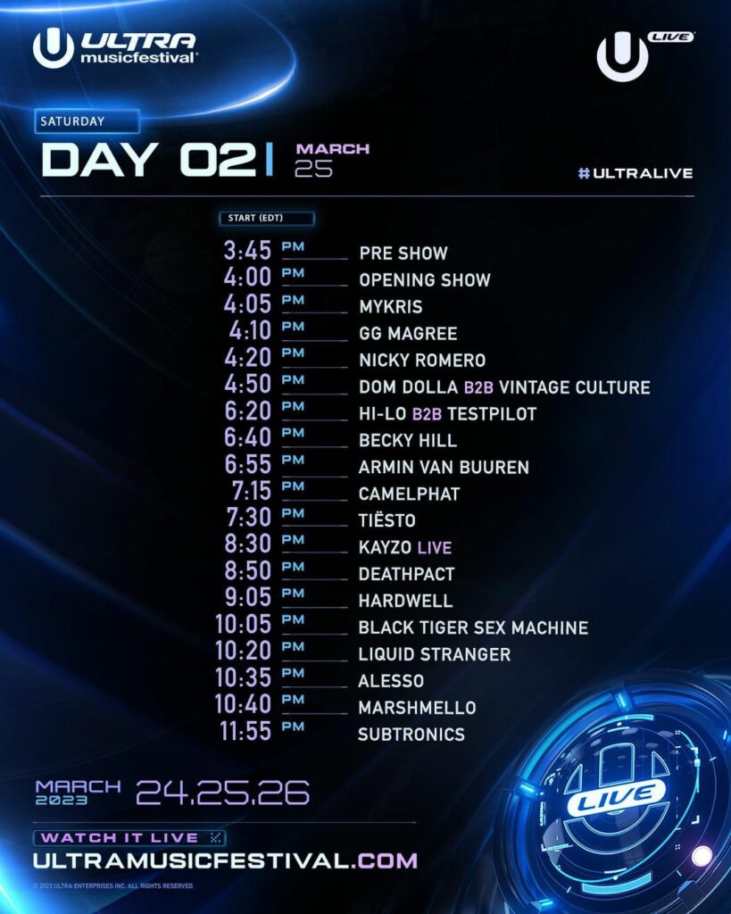Ultra Music Festival 2023 Livestream Schedule - Saturday
