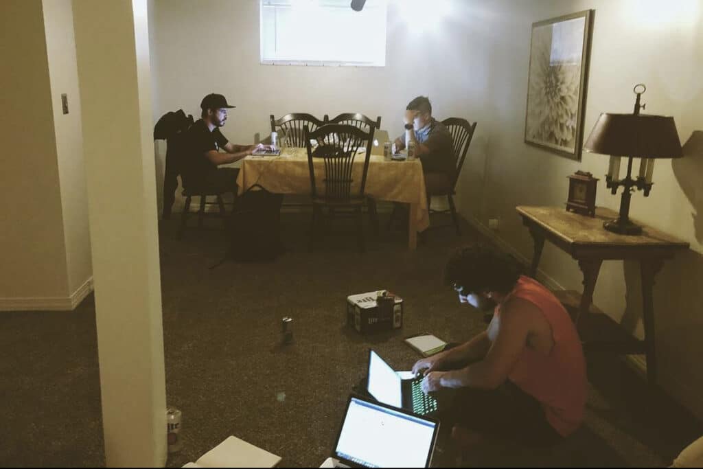 Members of Mutiny working in a rented Airbnb for a few days