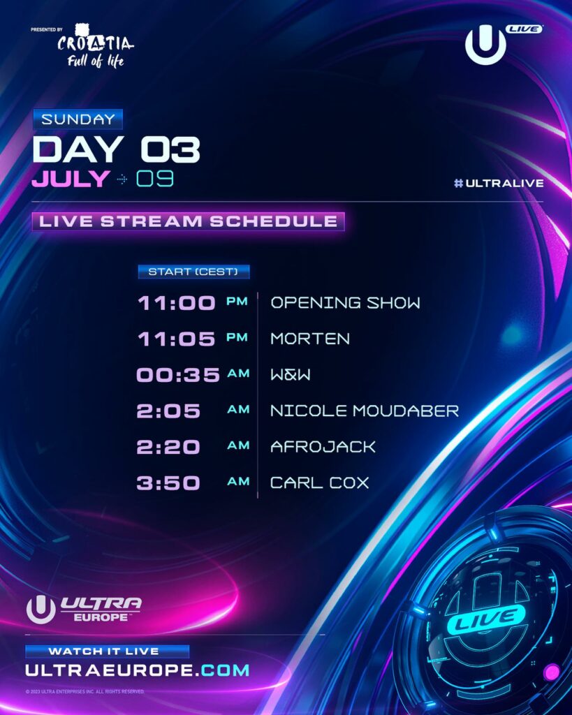 Ultra Europe 2023 Live Stream Schedule - Day 3