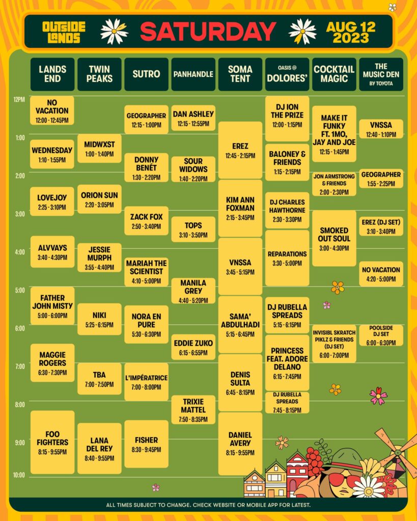 Outside Lands 2023 Saturday Set Times