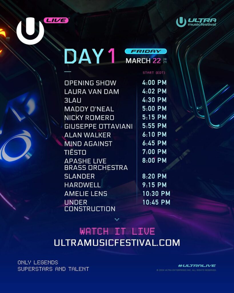 Ultra Music Festival 2024 #ULTRALIVE Schedule - Day 1