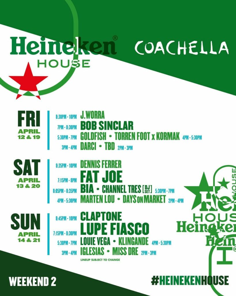 Coachella 2024 Heineken House Lineup - Weekend 2