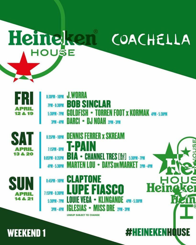 Coachella 2024 Heineken House Lineup - Weekend 1
