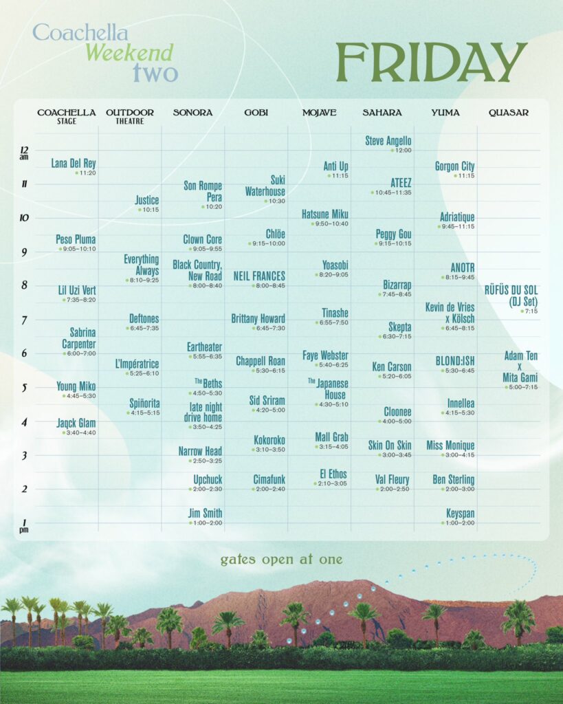 Coachella 2024 Weekend 2 Set Times - Friday