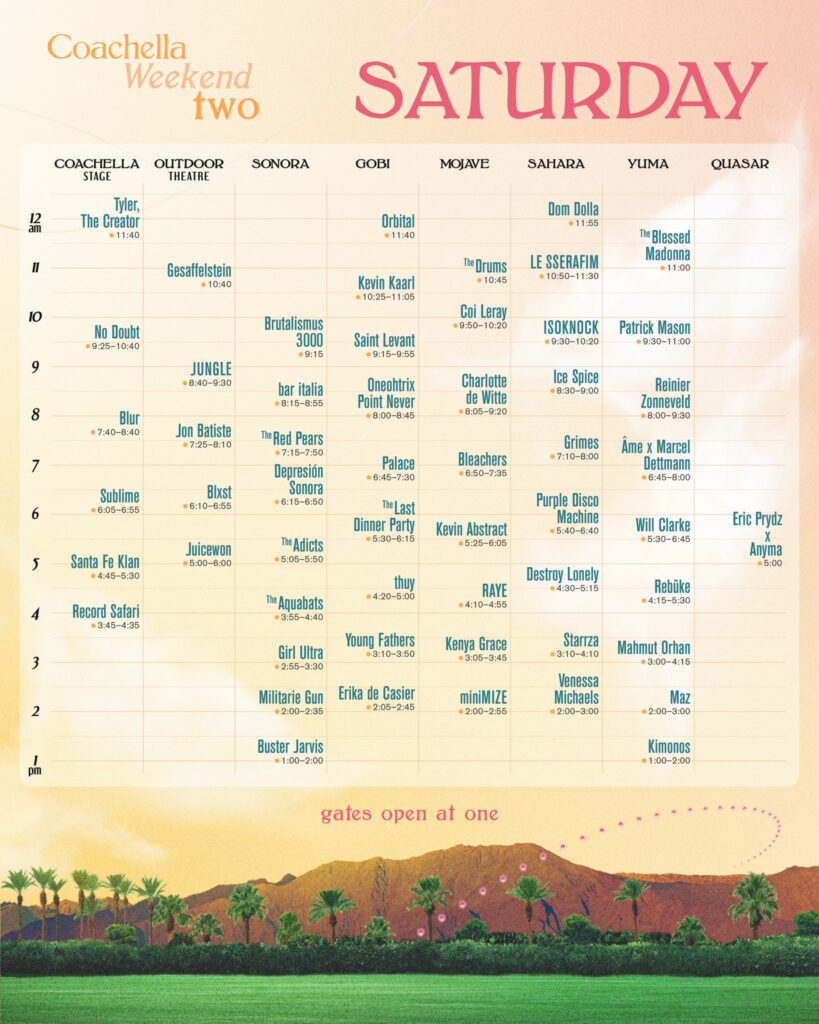 Coachella 2024 Weekend 2 Set Times - Saturday