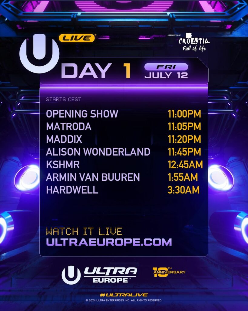 Ultra Europe 2024 Live Stream Schedule - Friday