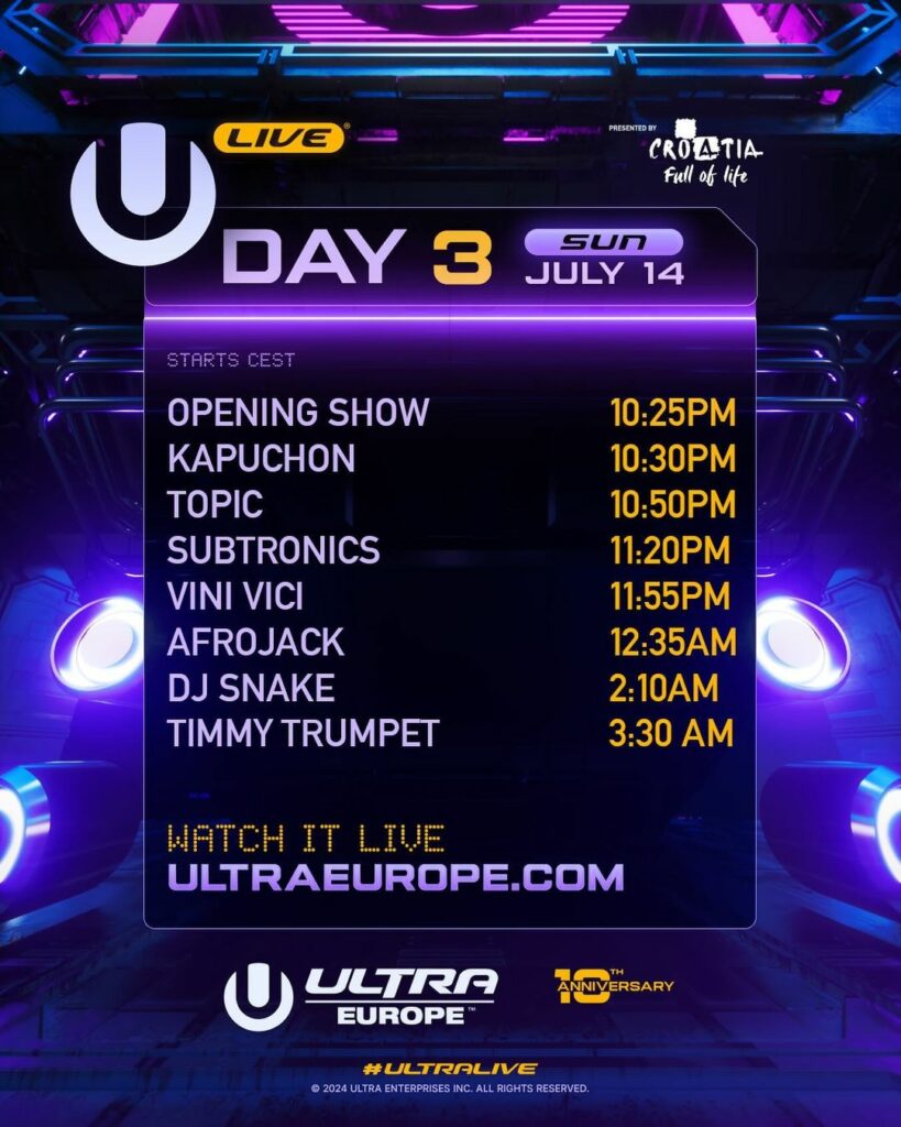 Ultra Europe 2024 Live Stream Schedule - Sunday