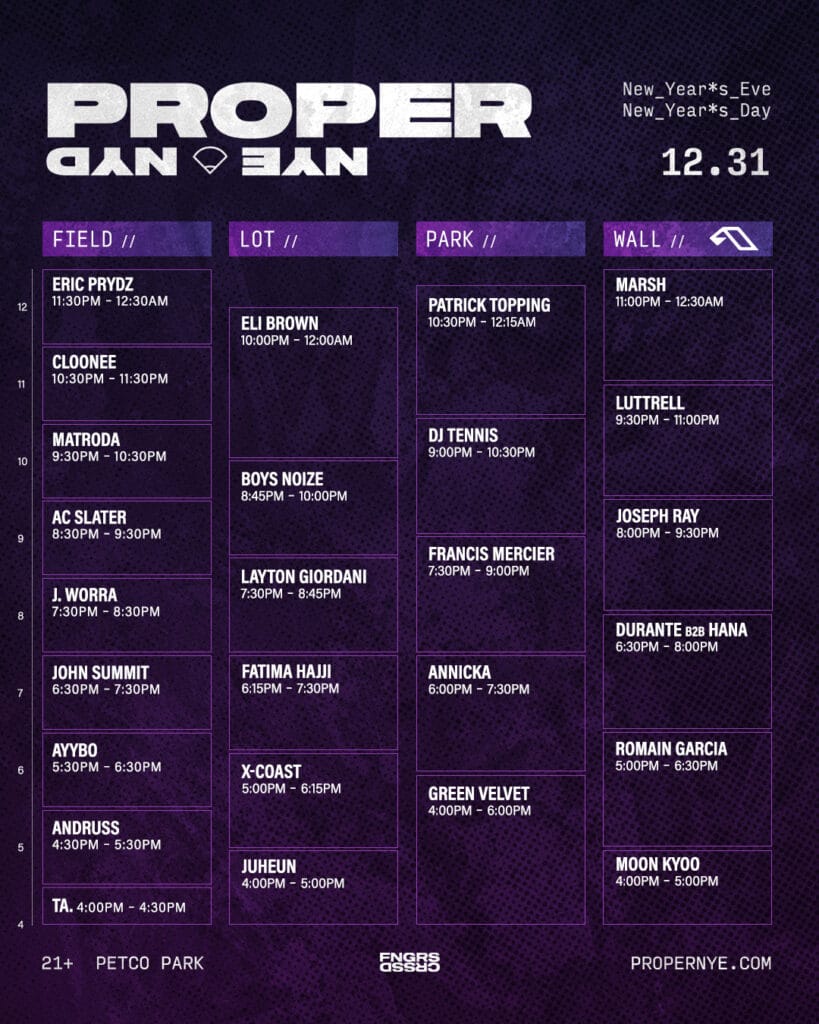 Proper NYE/NYD 2024 Set Times - December 31