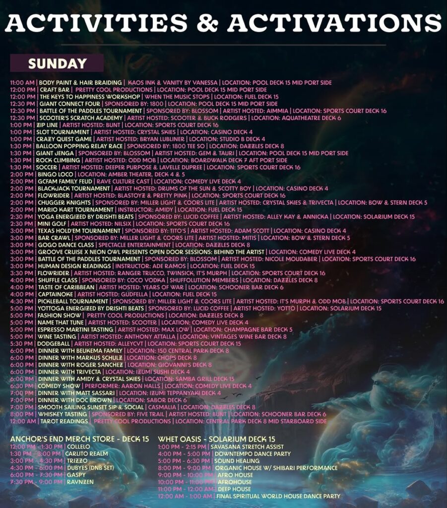 Groove Cruise Miami 2025 Activities Schedule - Sunday