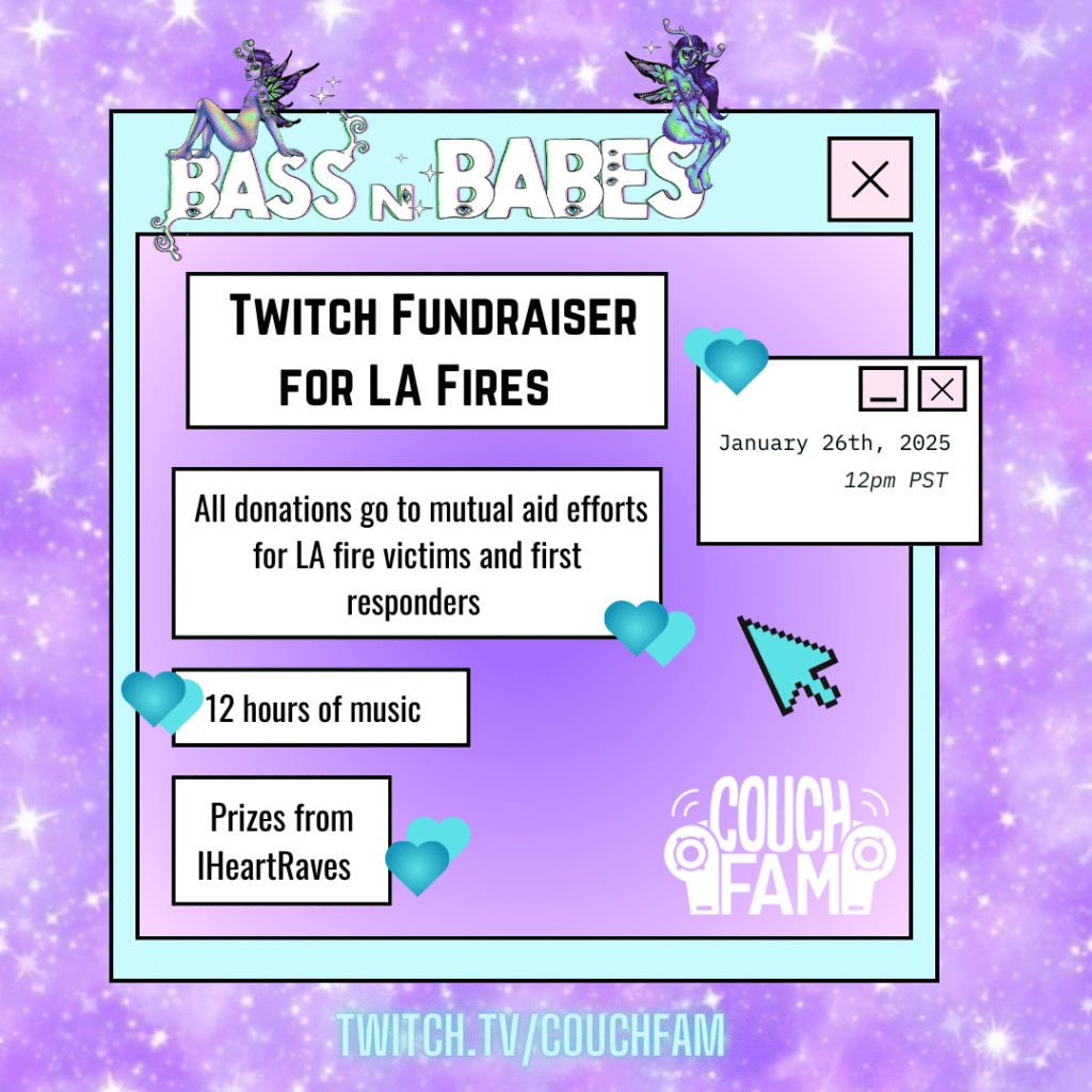 Bass n Babes Flyer for Twitch Fundraiser for LA Fires on January 26 2025