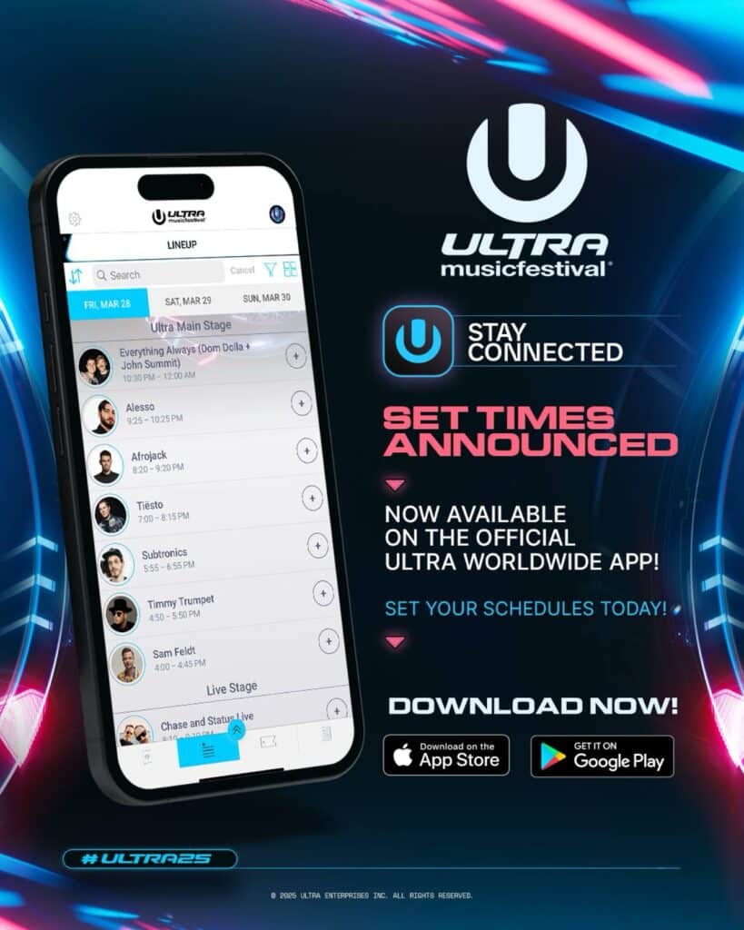 Ultra Music Festival 2025 Set Times graphic