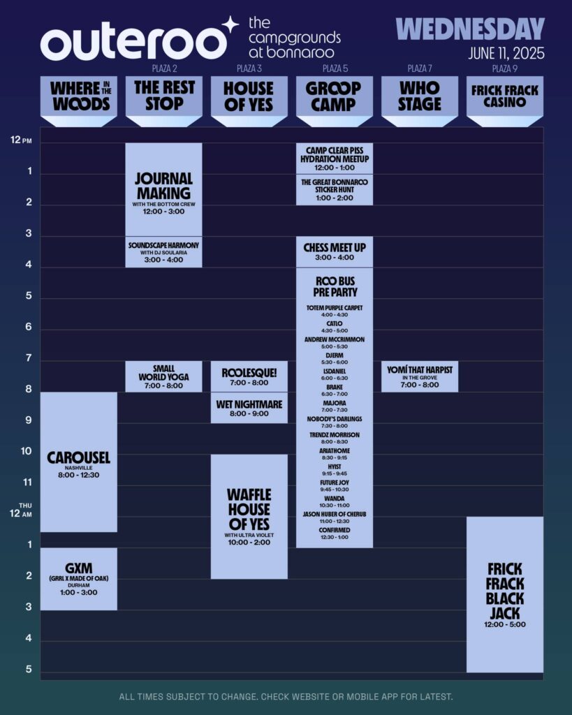 Bonnaroo 2025 Outeroo Wednesday Set Times
