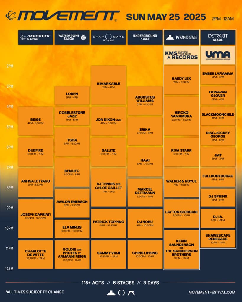 Movement 2025 Set Times for Sunday, May 25