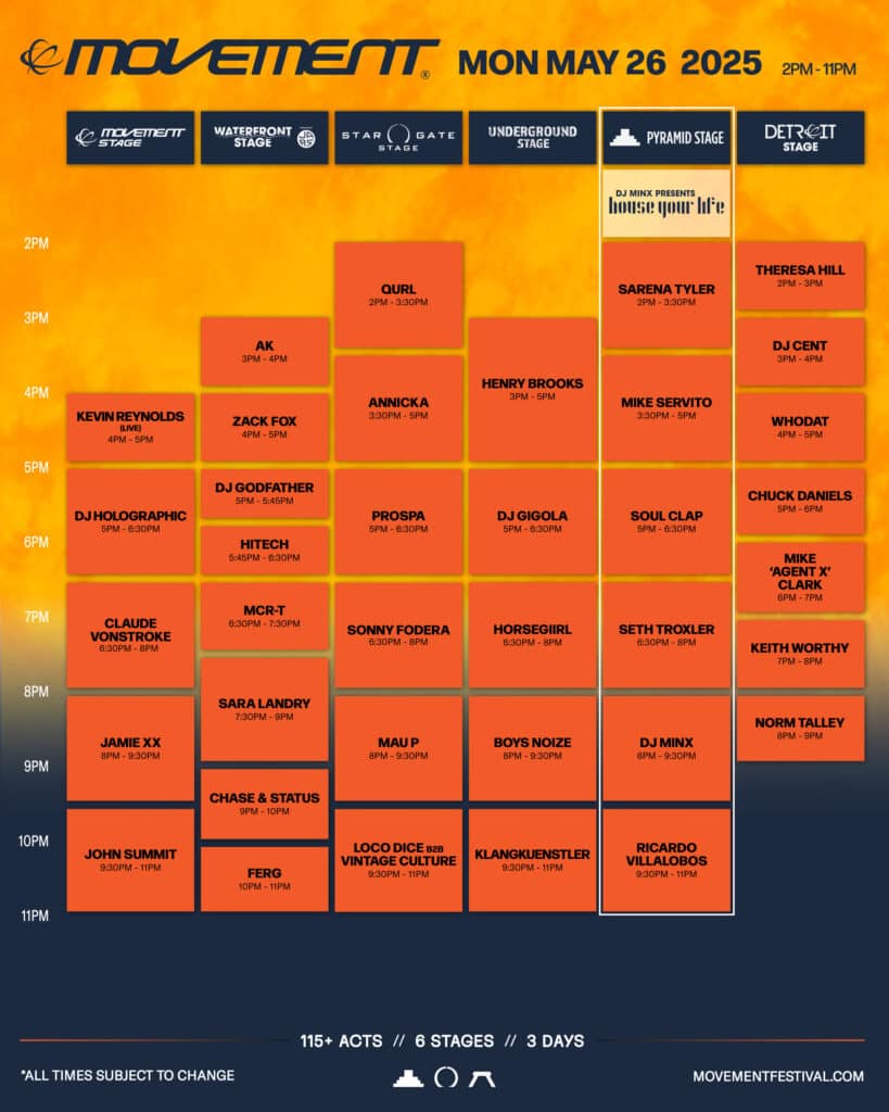 Movement 2025 Set Times for Monday, May 26