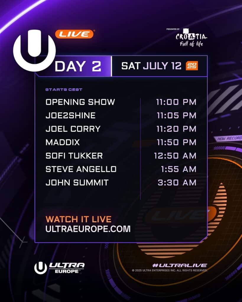 Ultra Europe 2025 Livestream Schedule - Friday