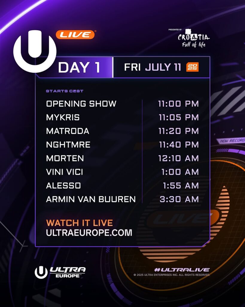 Ultra Europe 2025 Livestream Schedule - Friday