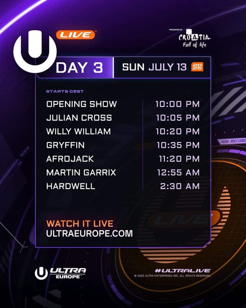 Ultra Europe 2025 Livestream Schedule - Sunday