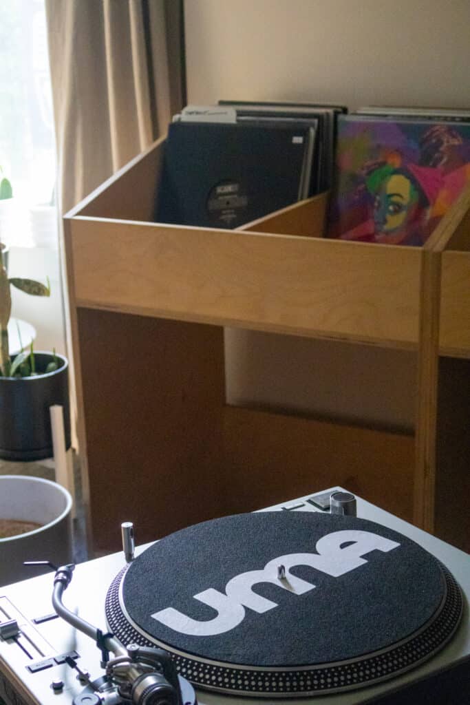 Turntables and vinyl records sit in a classroom at Underground Music Academy