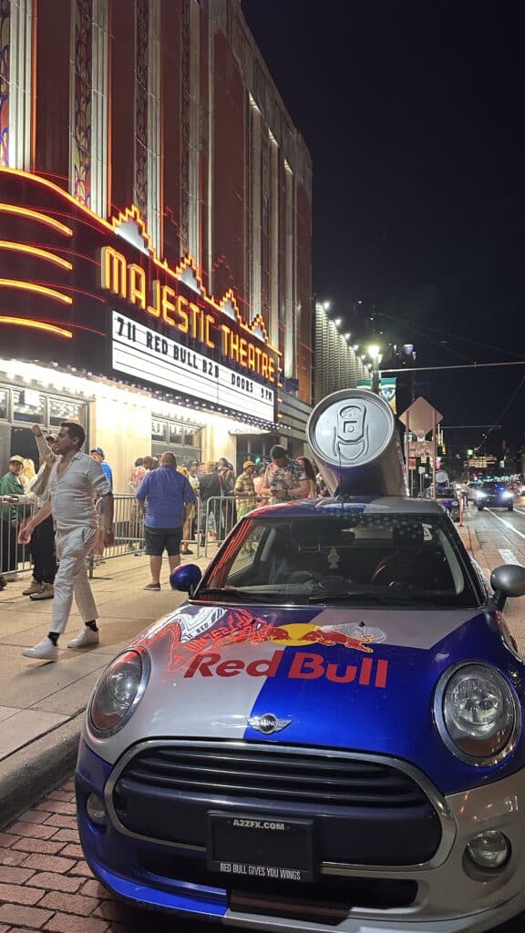A Red Bull car welcomes guests in front of the Majestic Theater in Detroit