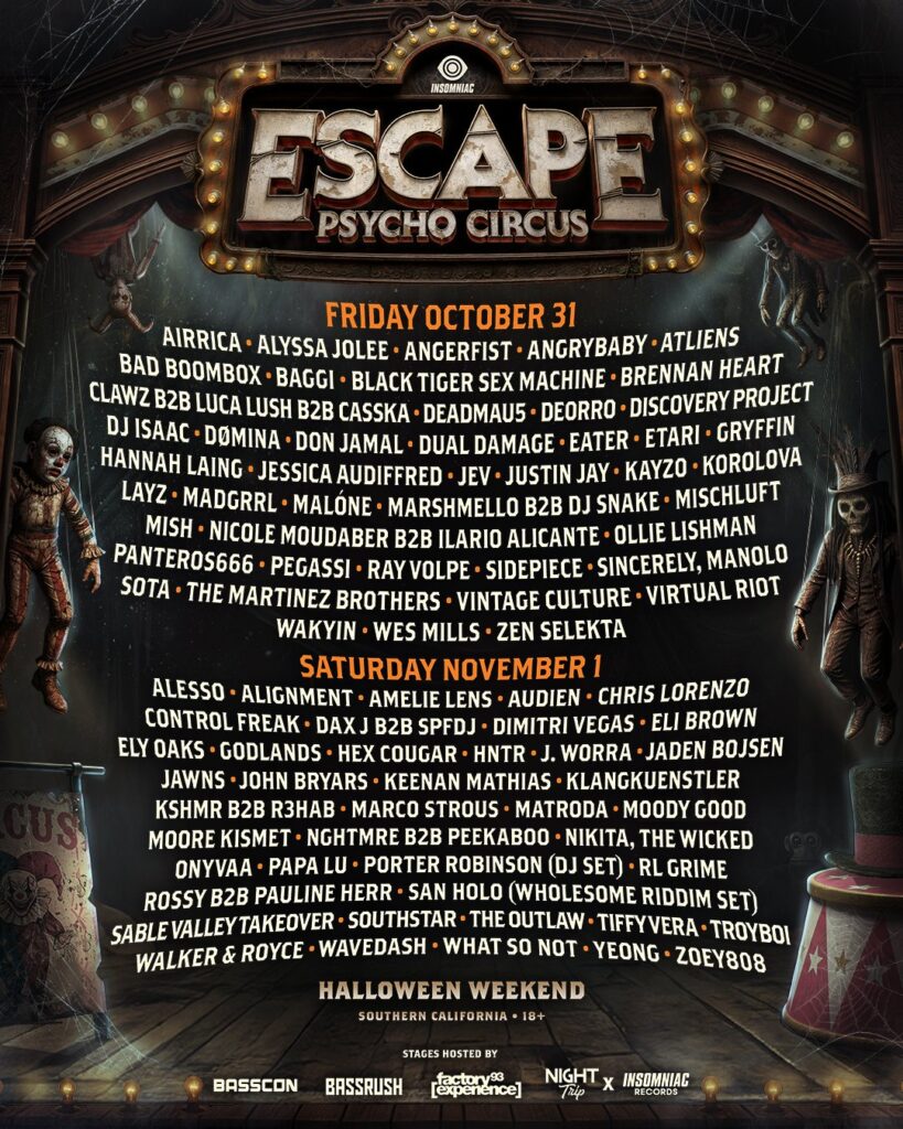 Escape Psycho Circus 2025 - Lineup by Day