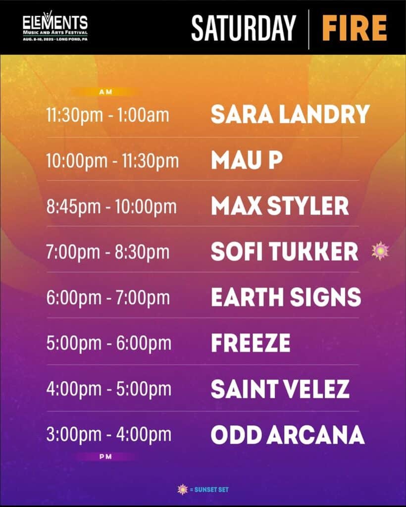 Elements 2025 Fire Stage Lineup Saturday
